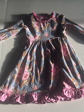 Matilda Jane Blue Dress with Pink Floral and Ruffle Trim